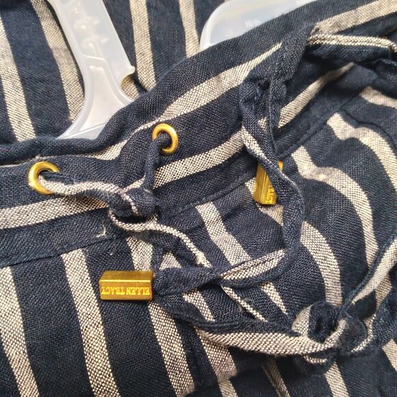 Ellen Tracy size L pull on pants 100% linen stripe dark navy gray - Picture 3 of 8